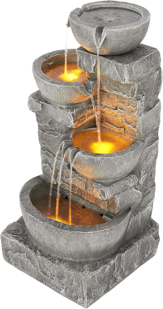 Teamson Home 33.25 in. Cascading Bowls and Stacked Stones LED Outdoor Water Fountain for Gardens, Landscaping, Patios, Balconies, and Lawns for a Calming Oasis in Outdoor Living Spaces, Stone Gray