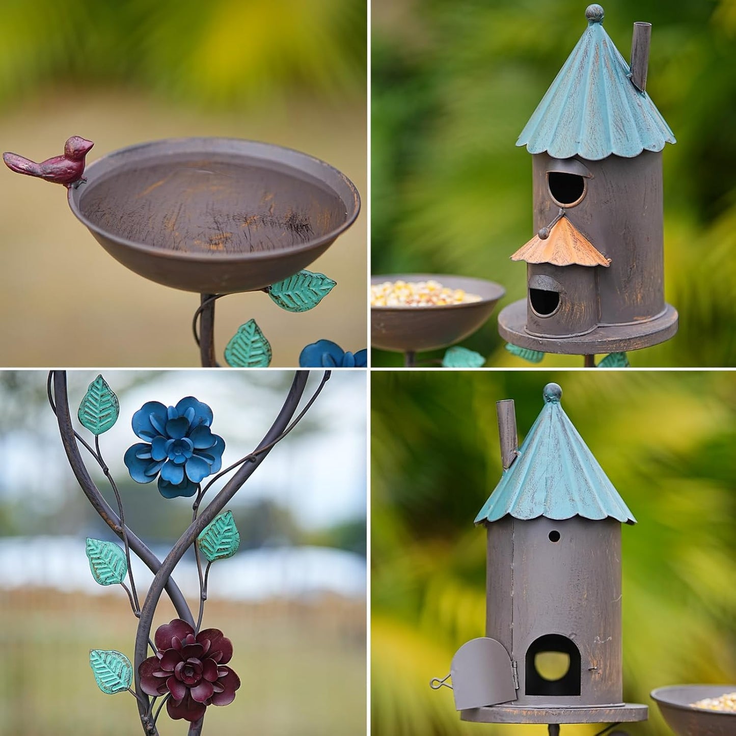 58” H Bird Baths for Outdoors, Metal Bird Bath and Bird House 2-in-1 Design, Birdbath and Bird Houses with Pole for Outside Garden Yard Decor