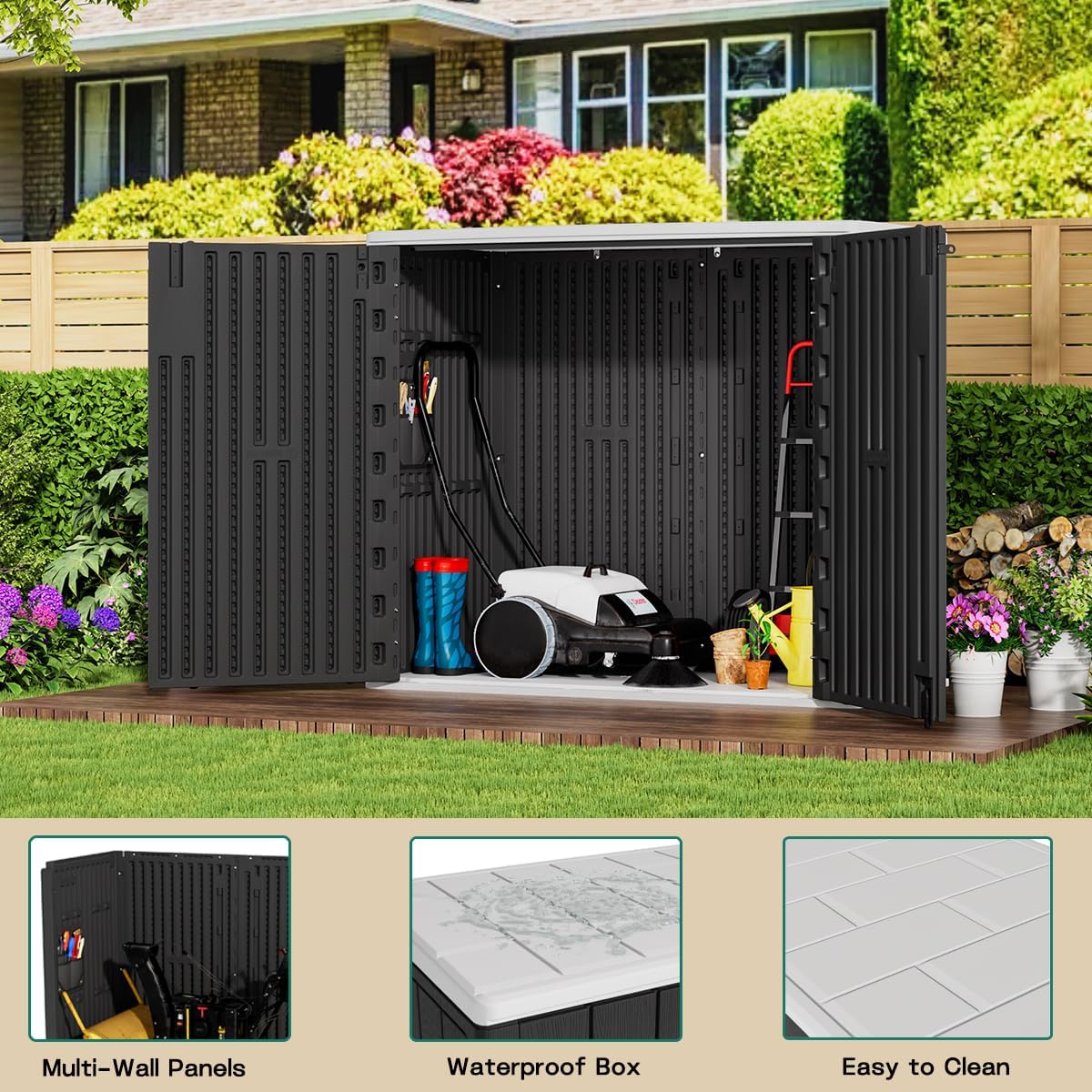 KINYING Outdoor Horizontal Storage Sheds,37 Cu.ft Outdoor Storage Cabinet Waterproof Resin Tool Storage Box for Lawn Mower,Garden Tools and Patio Furniture, Lockable (Black)