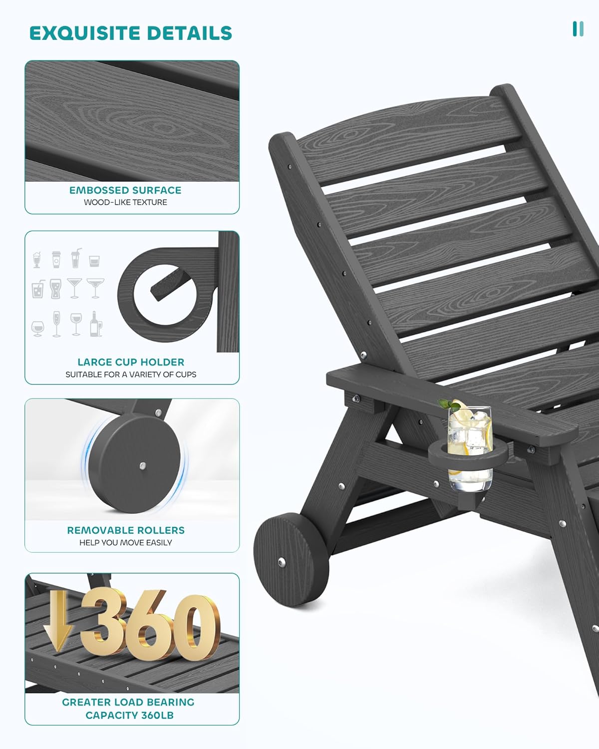 SERWALL Patio Chaise Lounge Chair Set of 6, 5 Positions Adjustable Poly Outdoor Lounge Chair for Pool, HDPE Lounge Chair with Rolling Wheels & Cup Holder for Poolside, Deck, Slate Gray