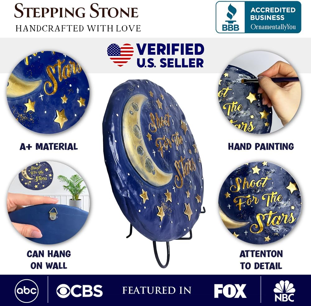 Elegant Resin Stepping Stone, Outdoor Garden Pathway Decoration (Shoot for The Stars Stepping Stone, 9.5" Galactic Moon and Stars Space Themed Gift)