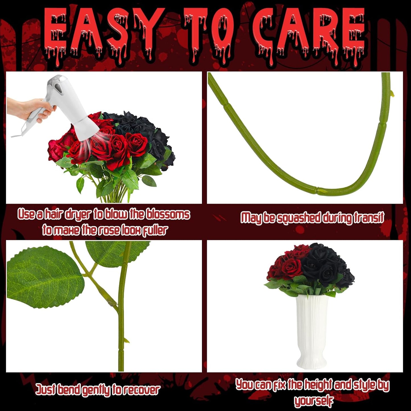 36 Pcs Silk Black Red Rose Bouquet Bridal Artificial Flowers,Fake Rose Long Stem Realistic Artificial Flowers Bulk for Wedding Bouquet Ball Arrangement Centerpiece Party Decor