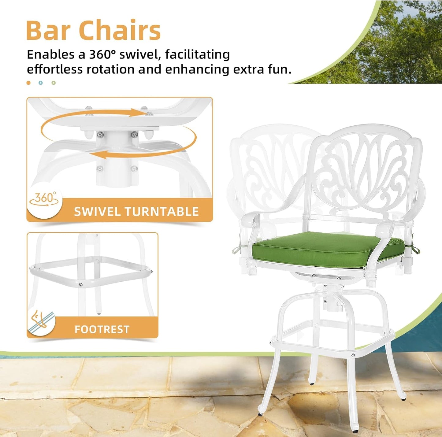 3 Pieces Patio Swivel Bar Set, Patio High Top Bar Table and Chairs Set, All-Weather Cast Aluminum High Swivel Bar Stools Chair Set of 2 and 31" Table, Patio Bistro Set for Garden,White