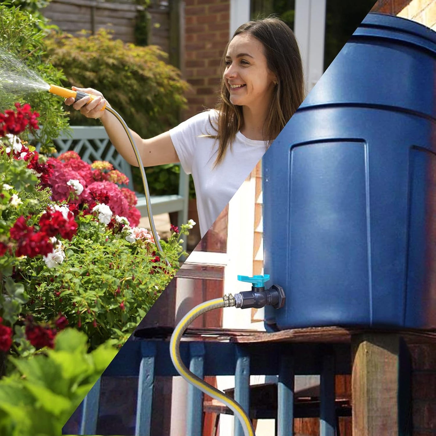 Rain Barrel Spigot PVC Faucet Kit Water Barrel Diverter Kit with Bulkhead Fitting,Ball Valve,Garden Hose Barb(16mm) Adapter,Pipe Clamps,Thread Seal Tape(kit for 16mm ID Hose)