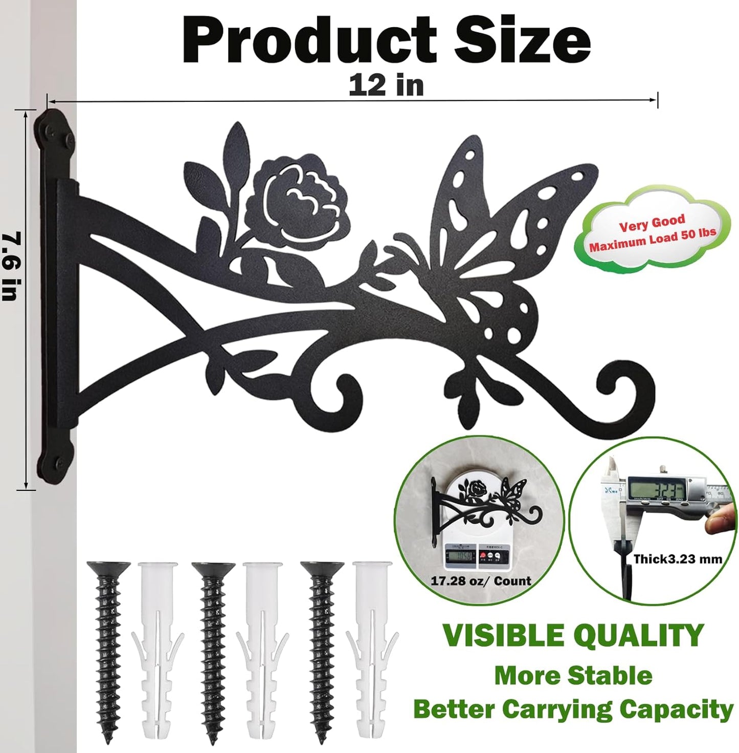 4 Pack Plant Hanger Hook,12in Heavy Duty Hanging Basket Hooks, Metal Plant Wall Hanger with Butterfly Pattern,Plant Bracket for Outdoor or Indoor Hanging Plants,Bird Feeder,Lantern,Home Decor
