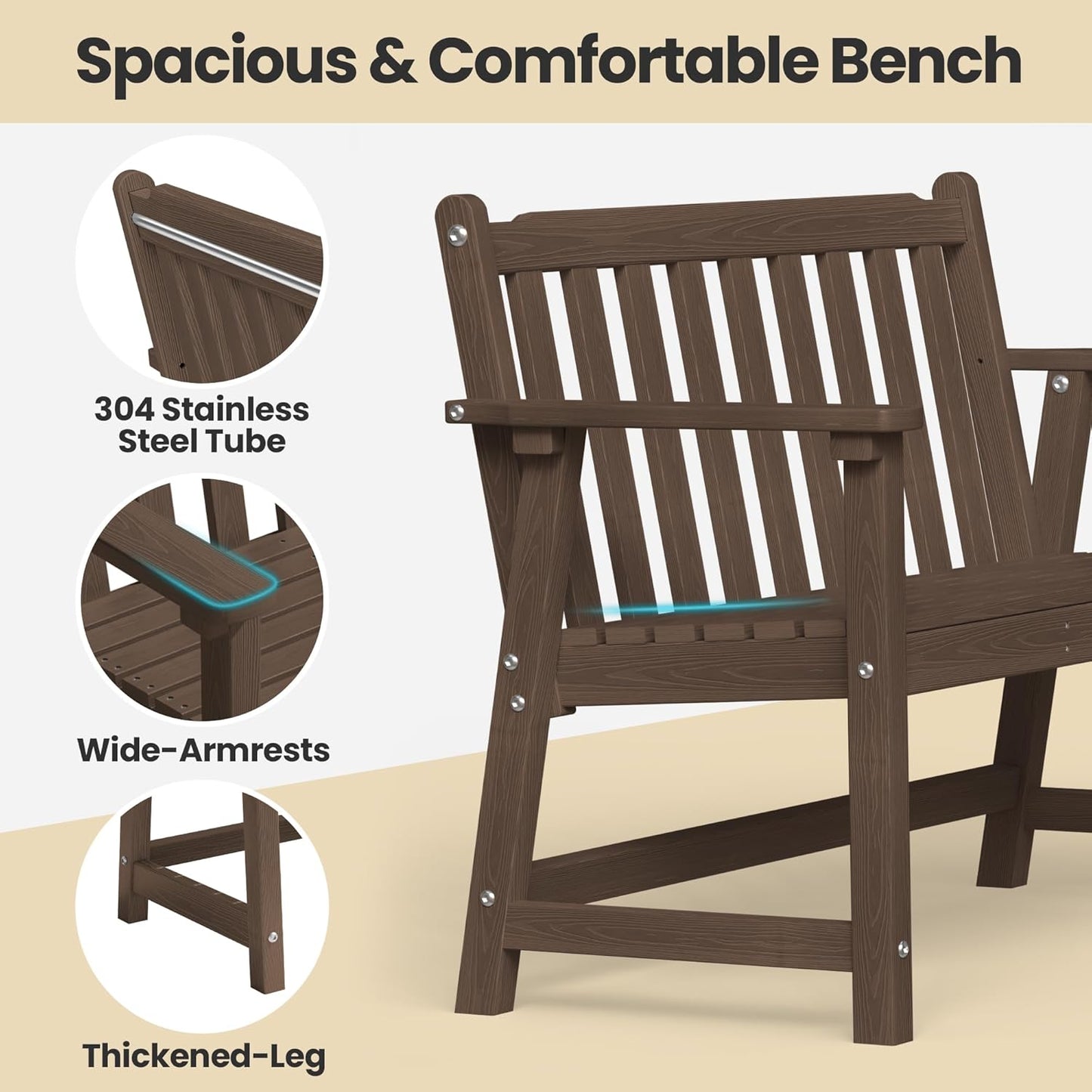 Ciokea 44" Outdoor Bench, HDPE Weatherproof Garden Bench, 2-Person Porch Benches with 550 Lbs, Waterproof Patio Benches for Outside Balcony Deck Backyard, Brown