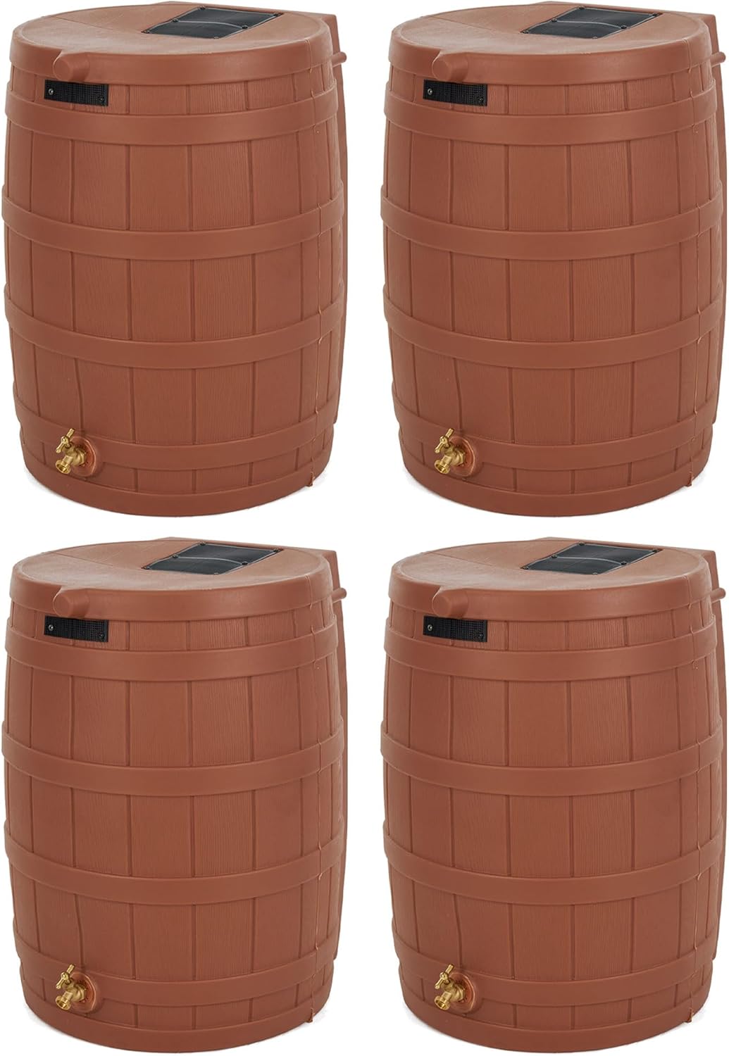 Good Ideas Rain Wizard 50 Gallon Plastic Outdoor Home Rain Barrel Water Storage Collector with Brass Spigot and Flat Back Design, Terra Cotta (4 Pack)