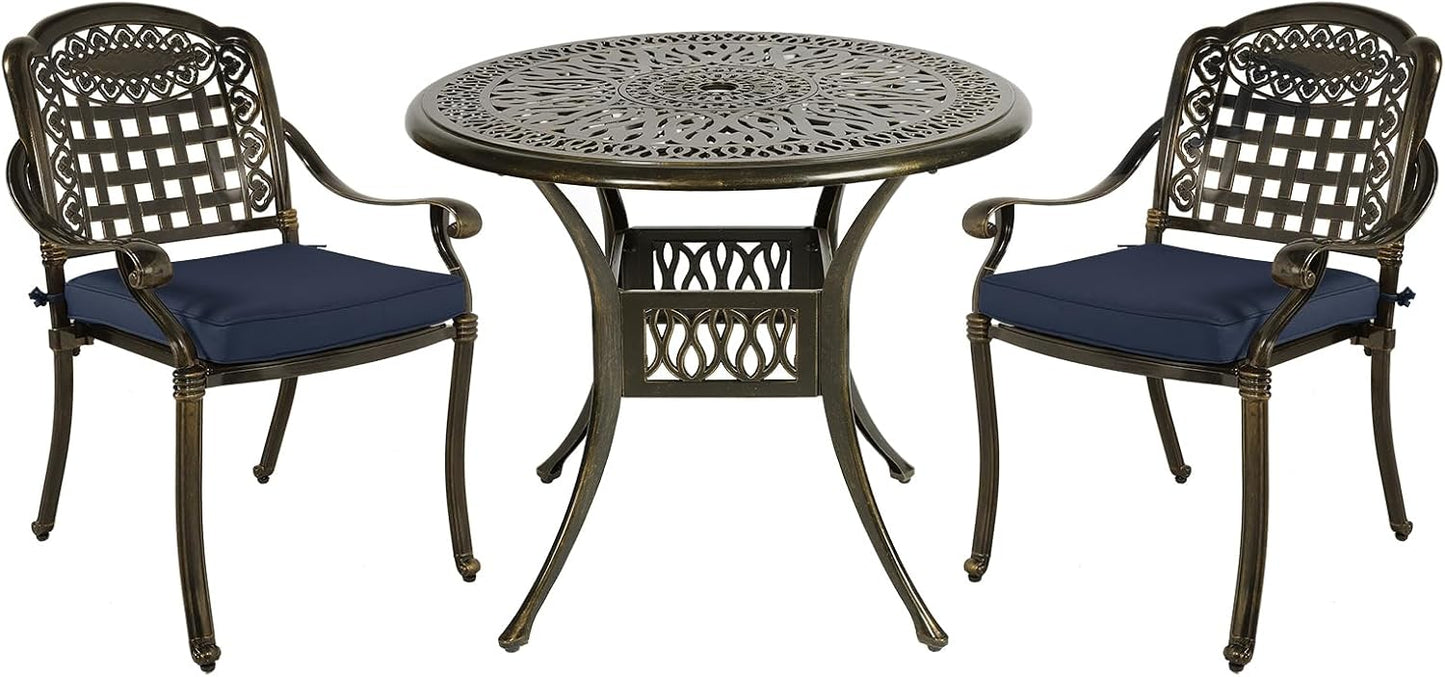 MEETWARM 3 Piece Patio Bistro Set, Outdoor All-Weather Cast Aluminum Dining Furniture Set Includes 2 Chairs with Cushions and a 35.4” Round Table with Umbrella Hole for Garden Deck, Navy Blue