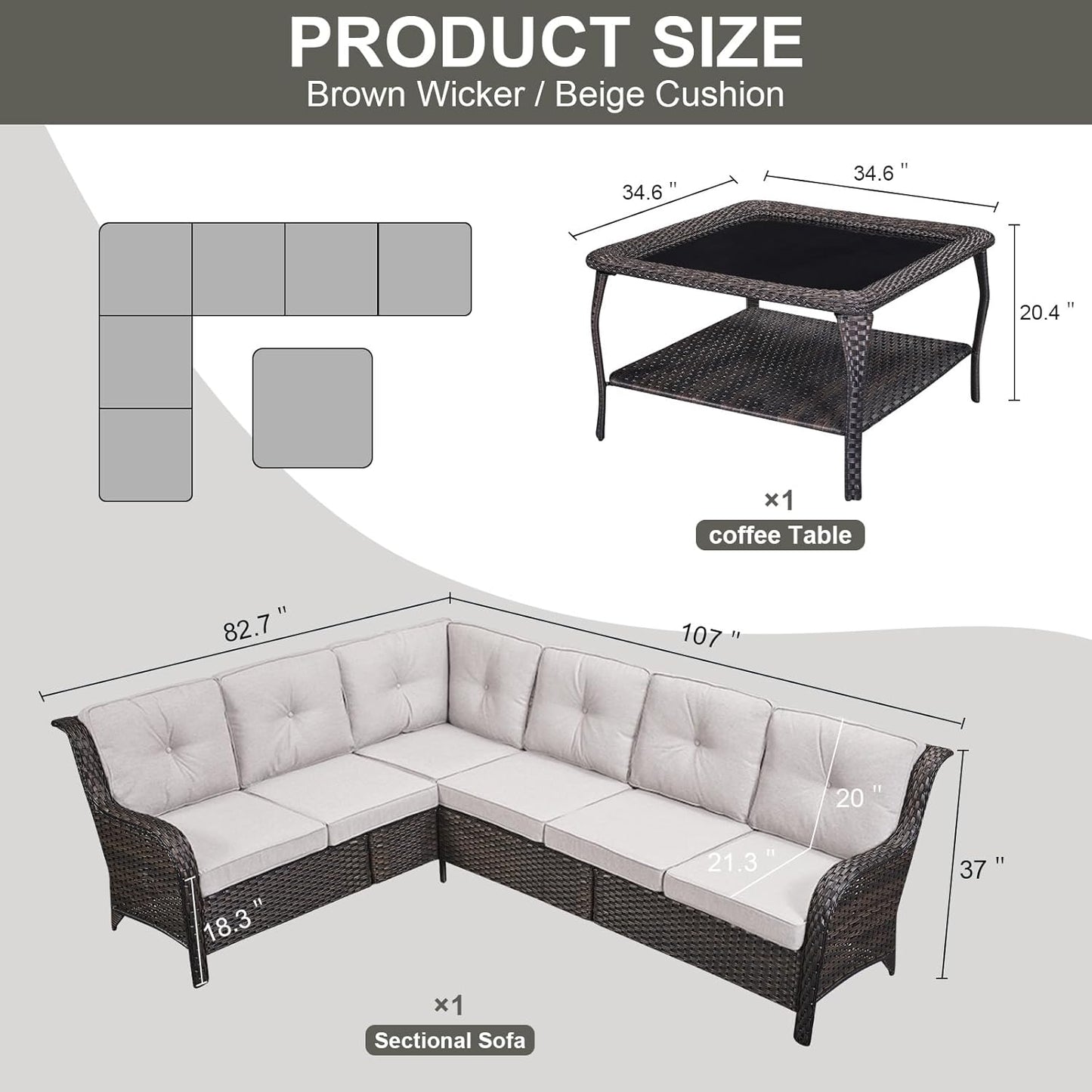Outdoor Furniture Sectional Sofa L Shaped Couch - Patio Wicker Set with Coffee Table, 3 Piece Rattan Patio Conversation Sets with Beige Cushion for Deck Backyard Sunroom