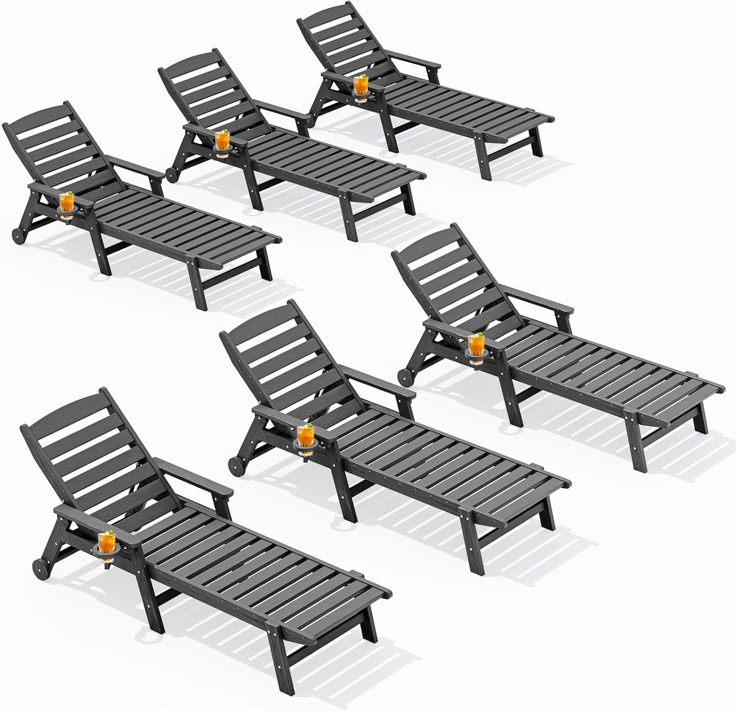 SERWALL Patio Chaise Lounge Chair Set of 6, 5 Positions Adjustable Poly Outdoor Lounge Chair for Pool, HDPE Lounge Chair with Rolling Wheels & Cup Holder for Poolside, Deck, Slate Gray
