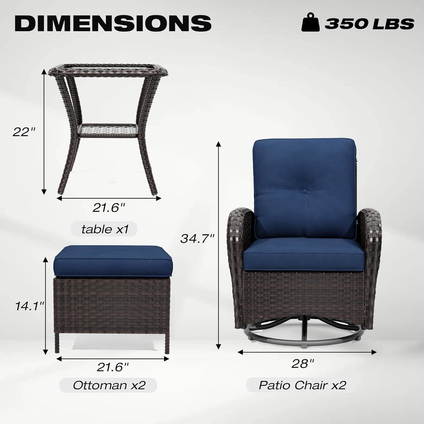 Joyside 5 Piece Patio Furniture Set, Outdoor Swivel Chair Sets with Thick Cushion and Ottoman, Wicker Patio Conversation Set for Porch, Deck Use (Brown/Blue, 5 PCS)