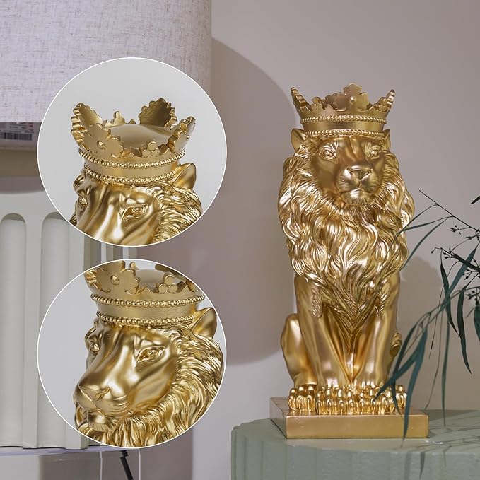 Gold Room Décor Lion Statue – 15 Inch Gold Statue Lion Figurine House Decorations with Crown Lion Statues Home Décor Lion Decoration Décor for Living Room Gold Décor 8.5 * 5.5 * 15 Inch