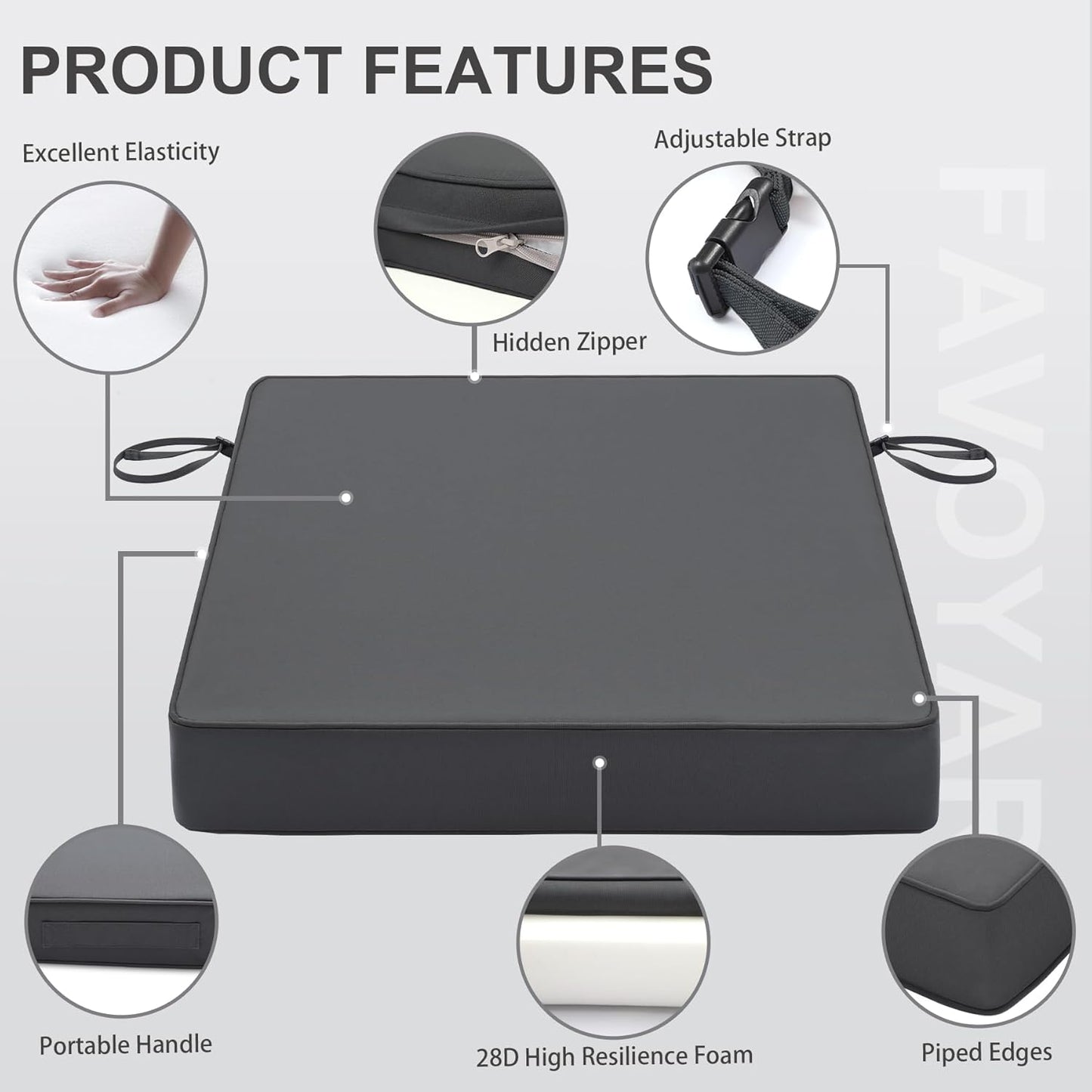 Favoyard Patio Chair Cushions 22 x 22 x 3 Inch Waterproof Outdoor Seat Cushions for Patio Furniture 3-Year Color Fastness Garden Sofa Couch Pads with Handle & Adjustable Straps Set of 2, Dark Grey