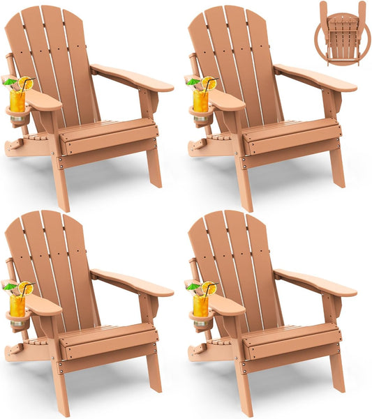 GREENVINES Folding-Adirondack-Chairs-Set-of-4 | HDPE Plastic | Fire Pit Chair | All Weather | Cup Holder | Teak | for Deck Backyard Patio Outdoor Garden
