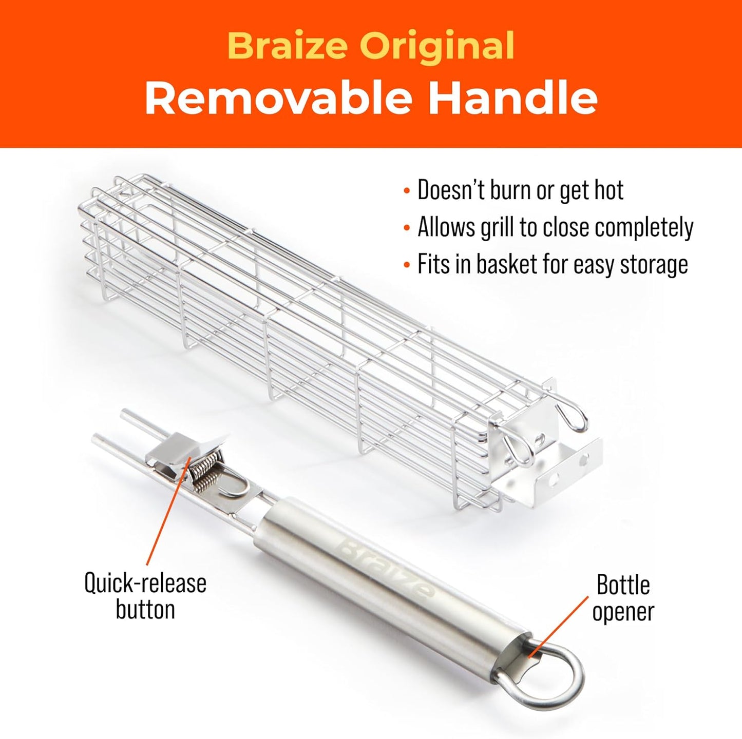 Kabob Grilling Basket Set of 4 with Removable Handle – Stainless Steel Baskets for Grilling Vegetables, Fish & Kabobs – Outdoor BBQ Accessories with Heavy-Duty Scrub Sponge