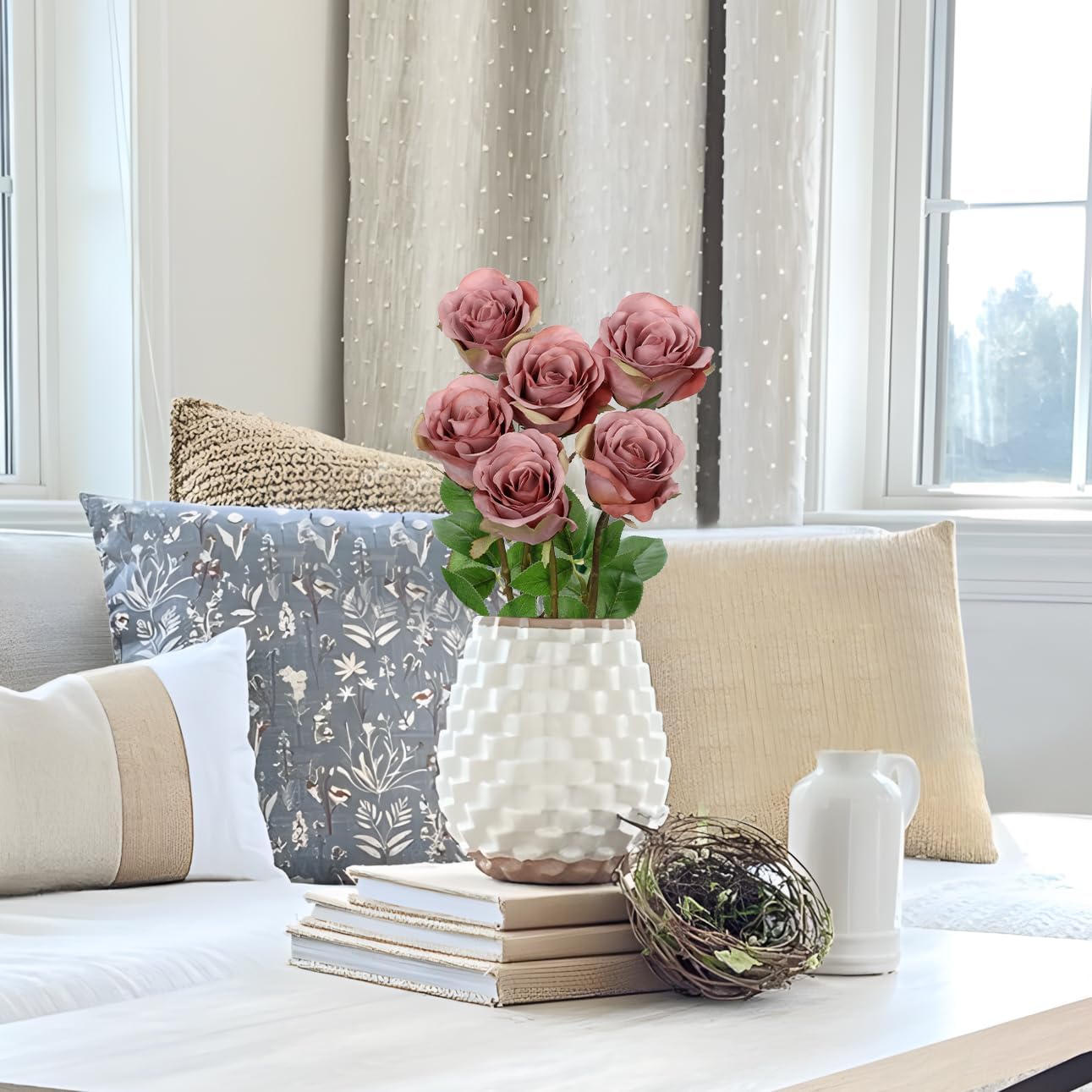 Briful Dusty Roses Pink Artificial Flowers– 6PCS 18.9" Faux Rose Silk Flowers with Long Stems Realistic Fake Rose Bouquet for DIY Wedding Arrangements Table Vase Centerpieces Home Event Decor