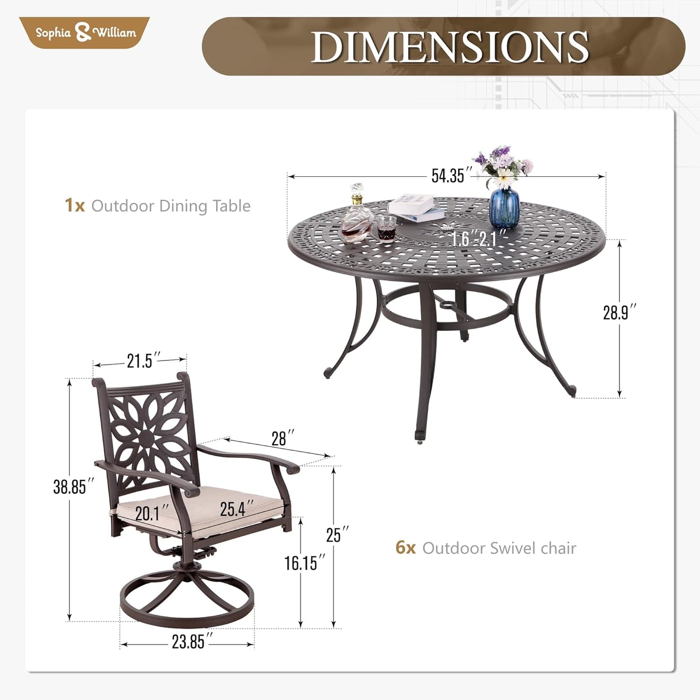 Sophia & William 7 Pieces Cast Aluminium Patio Dining Furniture Set for 6, Powder-Coating Outdoor Dining Chairs and Round Table with 2.2" Umbrella Hole for Porch Backyard Deck, Bronze
