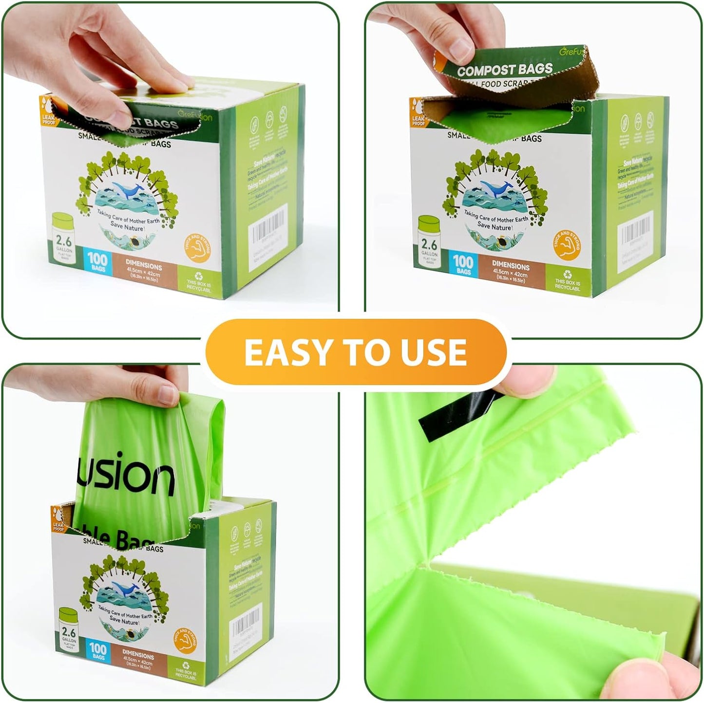 2.6 Gallon Compostable Trash Bags, 100 Count, Extra Thick 0.71 Mil, Certified by BPI and ASTM D6400, Perfect Fit for Small Trash Cans