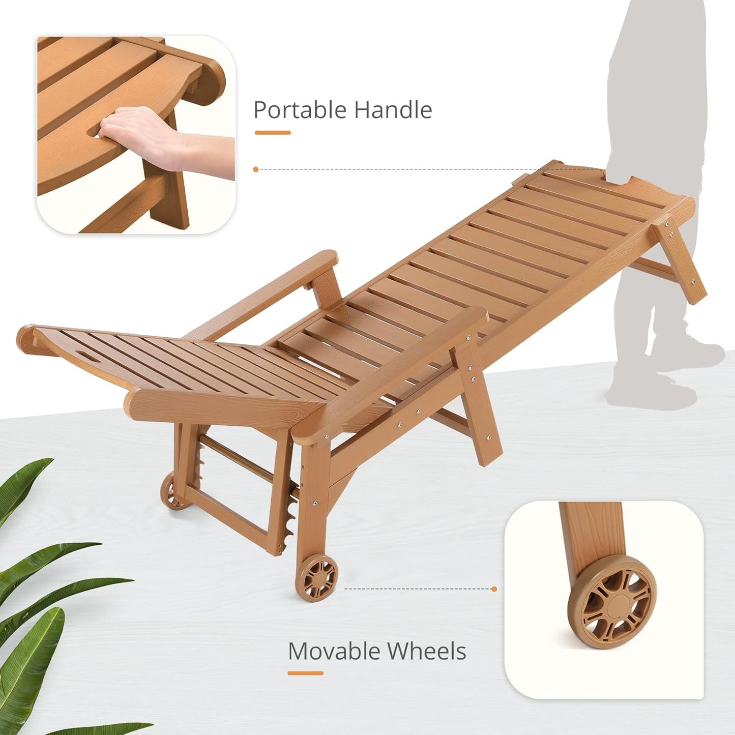 LUE BONA Outdoor Chaise Lounge Chairs Set of 4, HDPS Chaise Lounger, 5 Positions Adjustable Lounge Chairs, Pool Lounge Chair with Wheels for Poolside, 3 Year Warranty, Teak Color