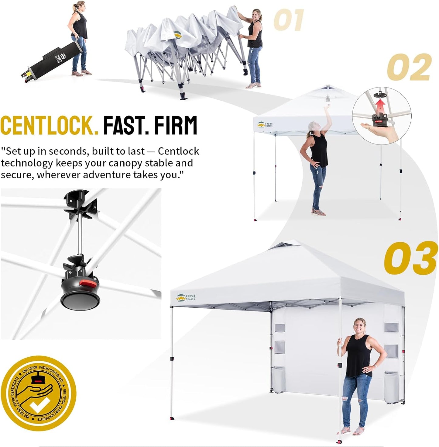 CROWN SHADES Canopy Tent 10x10 Pop Up Canopy Outdoor Shade with Pockets Sidewall, Easy Up Sun Shelter with One Person Set Up Center Lock, Portable Instant Camping Beach Canopy Tents, White