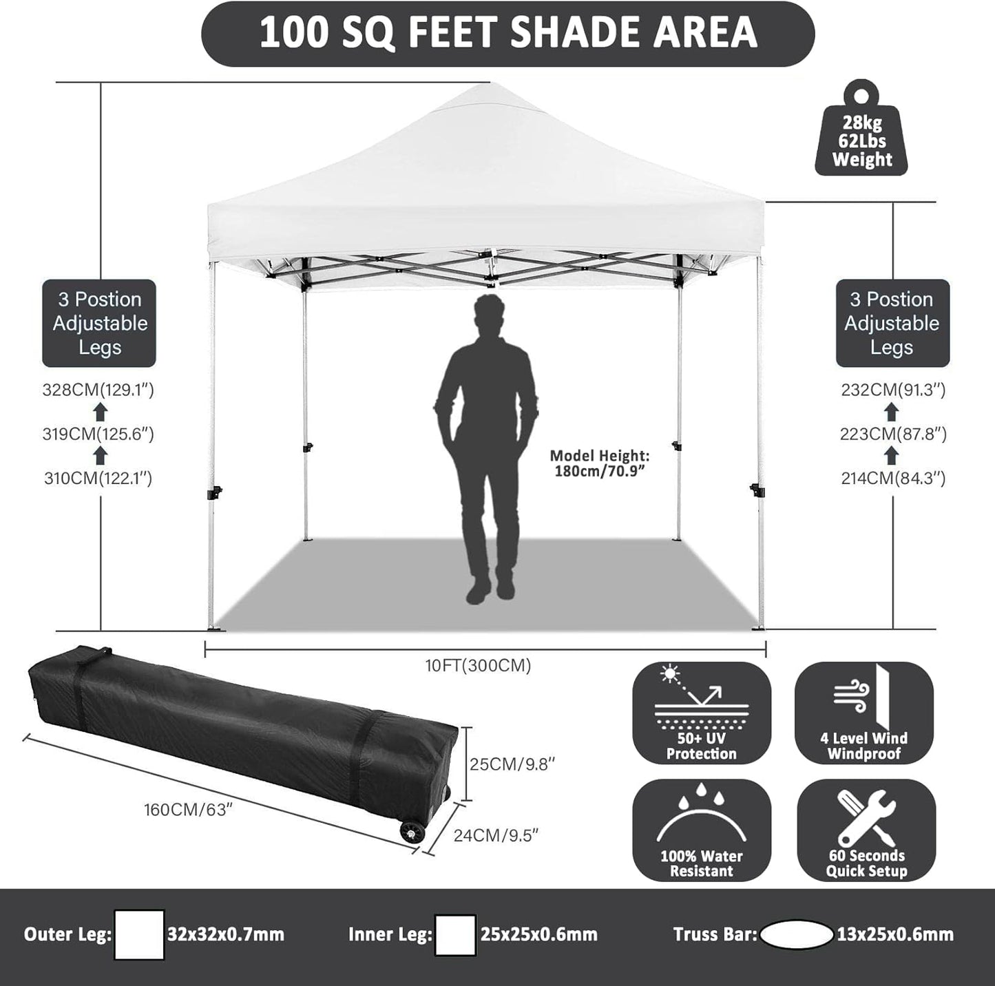 COBIZI 10x10 Pop Up Canopy with 4 Sidewall,Heavy Duty Canopy UPF 50+ All Season Wind Waterproof Commercial Outdoor Wedding Party Tents for Parties Canopy Gazebo with Roller Bag (10 x 10 ft White)