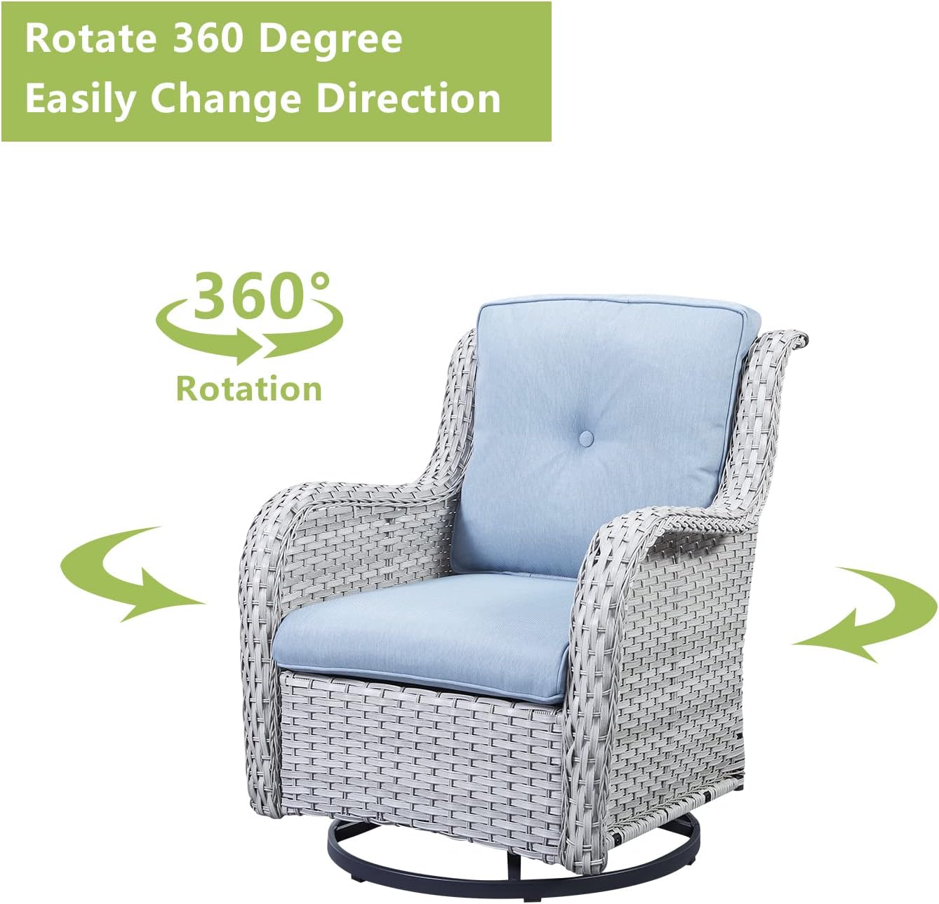 Outdoor Patio Swivel Rocker Chairs - Wicker Rattan Patio Swivel Rocking Chairs Set of 2 with High Back,Deep Seating and Comfort Cushions for Deck Porch Garden,Light Grey/SkyBlue