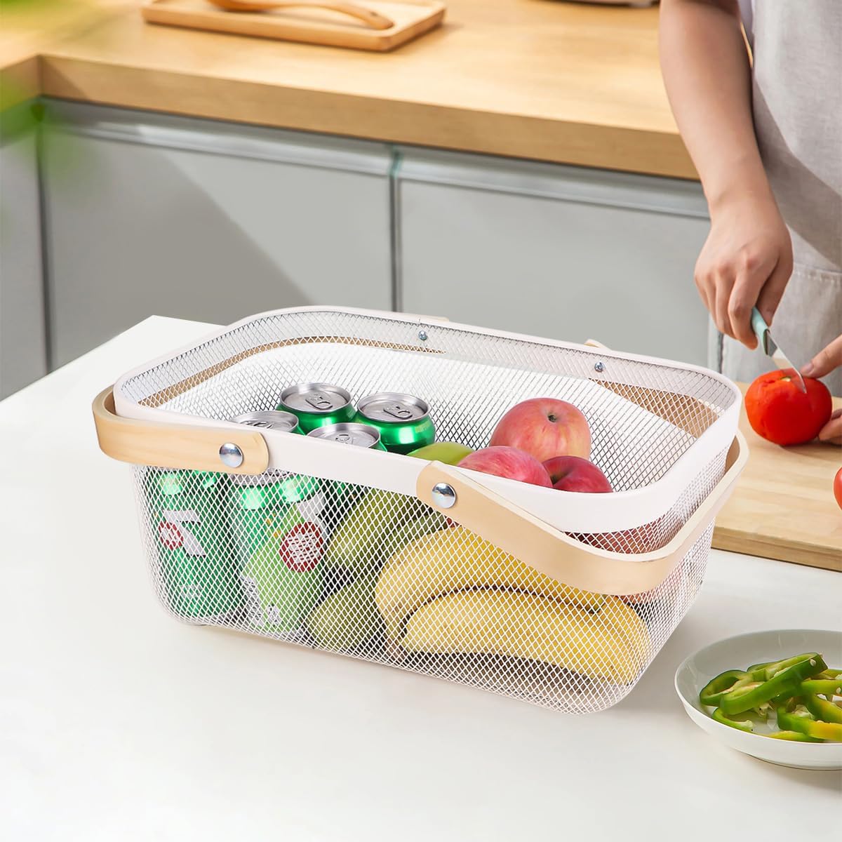 Portable Mesh Harvest Basket - Natural Bamboo Handle Foldable Organizer for Kitchen, Garden & Picnic | Ventilated Storage Bin with Rust-Proof Wire, Space-Saving Farmhouse Decor (White)