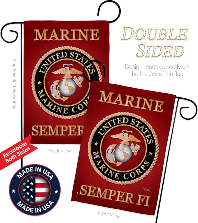 Marine Corps Garden Flag - Set Wall Hanger Armed Forces USMC Semper Fi United State American Military Veteran Retire Official - House Banner Small Yard Gift Double-Sided Made In USA 13 X 18.5