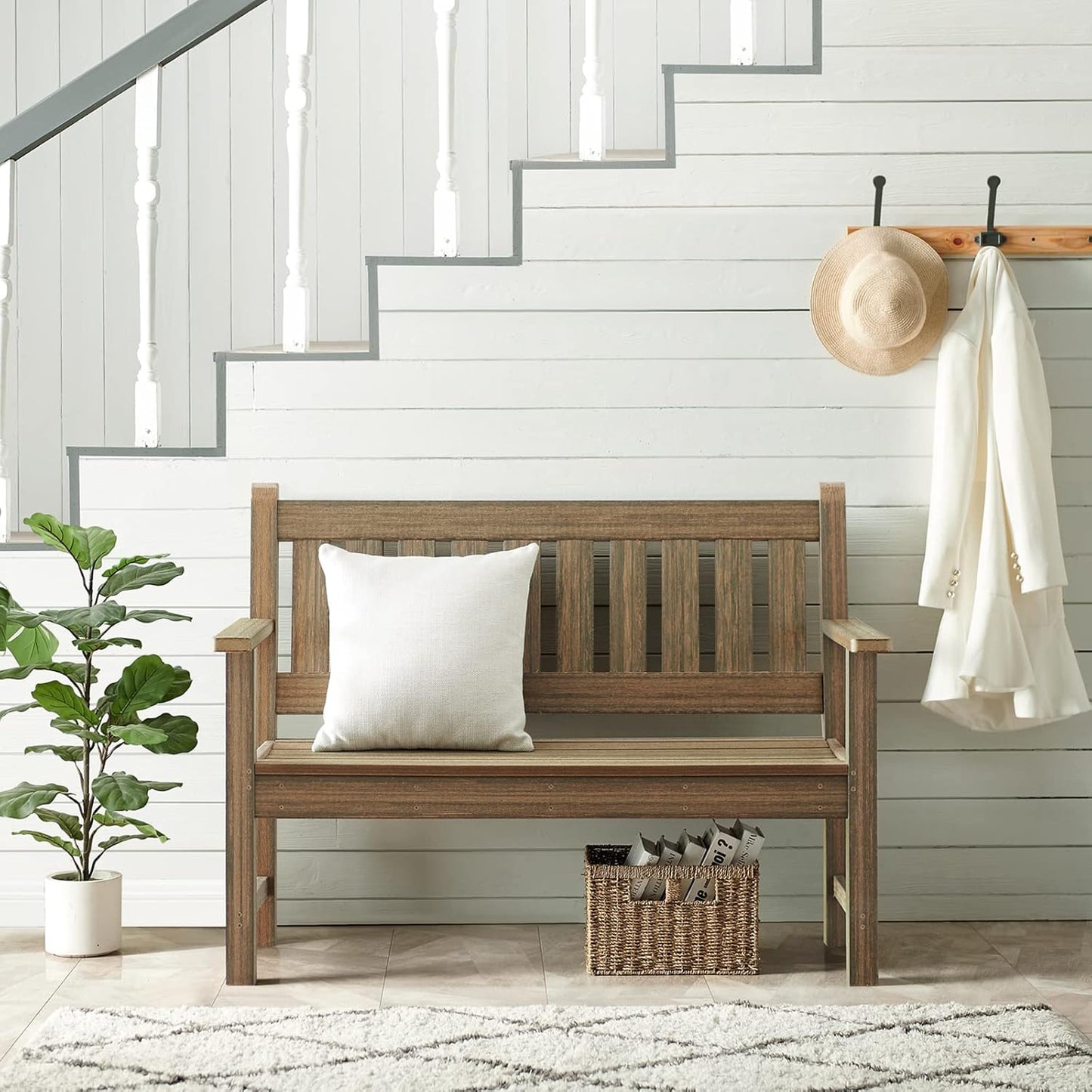 Outdoor Bench, 2-Person Garden Bench, Poly Lumber Patio Bench for Outdoors, Porch, and Park (Light Brown)