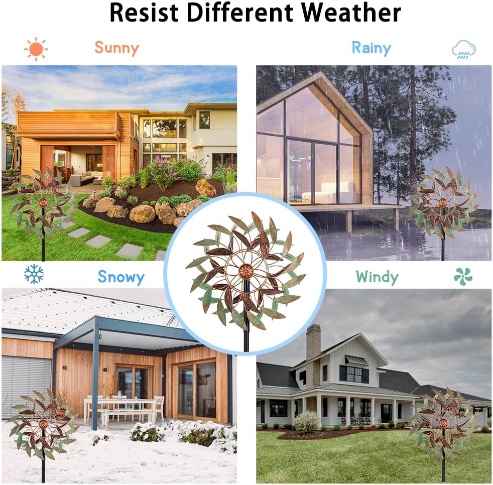 VEWOGARDEN 360° Outdoor Metal Wind Spinners Kinetic Wind Sculptures & Spinners for Yard Garden Lawn Patio Decorations, Light Green & Bronze