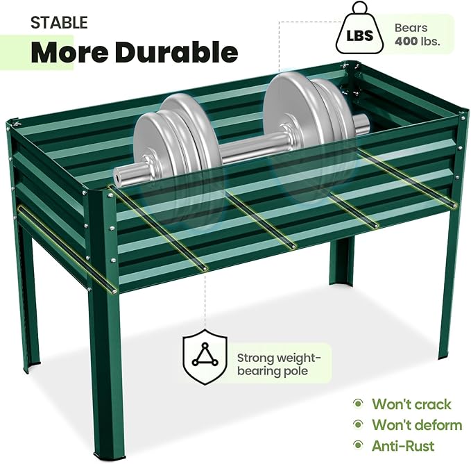 KING BIRD Large Raised Garden Bed with Legs Galvanized Elevated Planter Box 48×24×30 in for Backyard, Patio, Balcony, 400lb Capacity, Green
