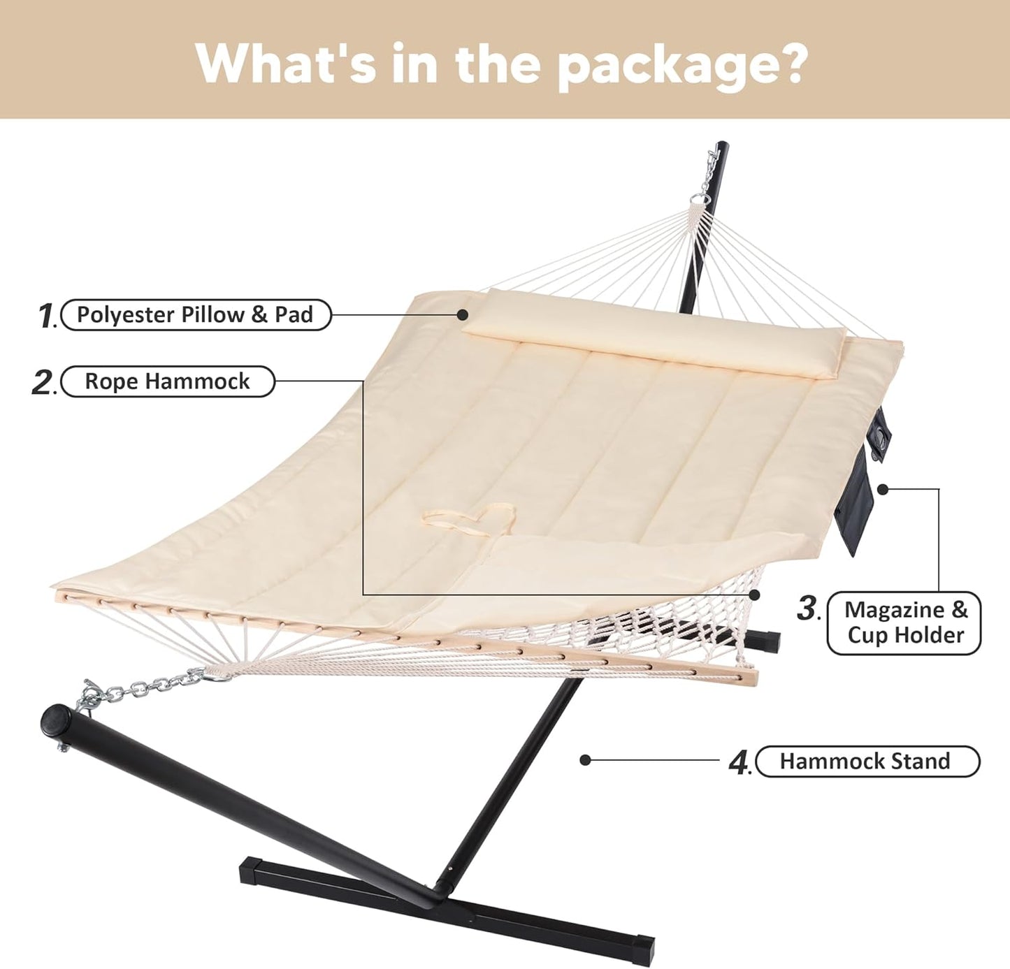 SUNCREAT Two Person Hammock with 12ft Stand Included, Max 475lbs Capacity, Heavy Duty Free Standing Hammock, Beige