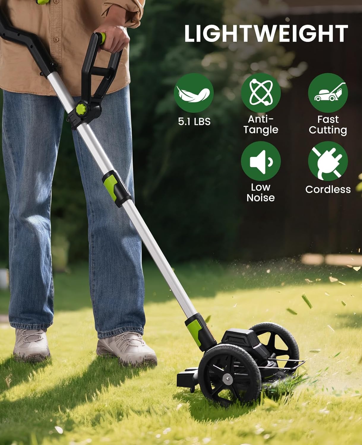 Electric Weed Wacker Cordless with Wheel, Brushless Grass Trimmer with 2 21V 4.0Ah Battery and Fast Charger, 3 Types of Blades String Trimmer, Weed Eater Battery Powered, Grass Cutter Machine