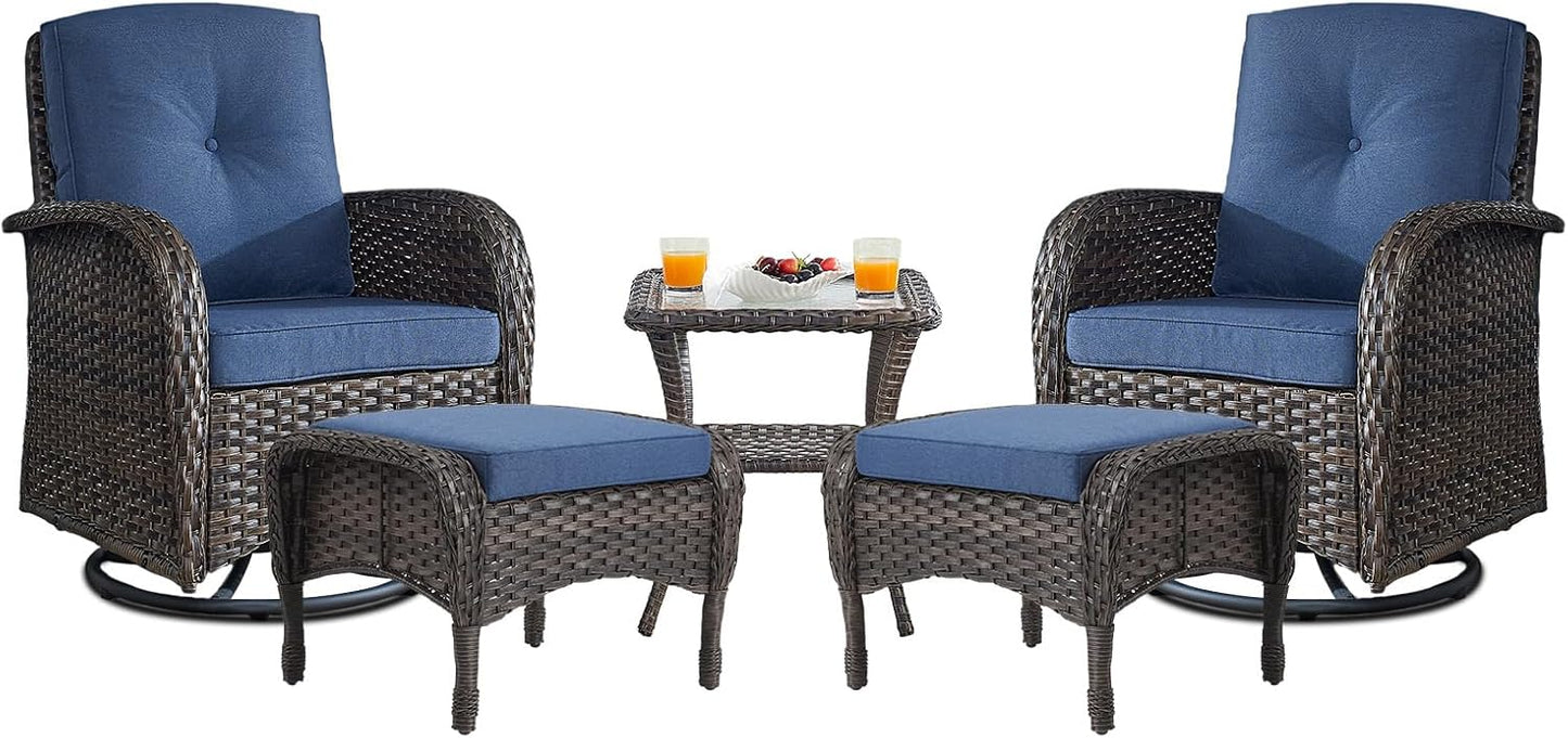 Small Conversation Sets Patio Funiture - 5 Piece Outdoor Swivel Rocker Wicker Furniture Sets with Ottomans Side Table Perfect for Patio Deck Backyard, Brown Wicker Blue Cushion