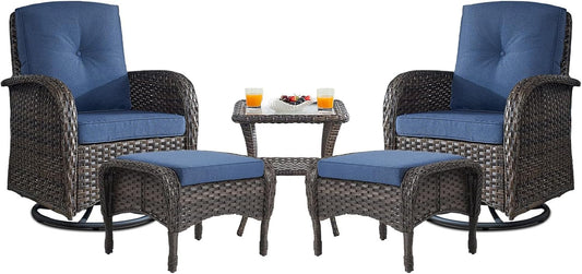Small Conversation Sets Patio Funiture - 5 Piece Outdoor Swivel Rocker Wicker Furniture Sets with Ottomans Side Table Perfect for Patio Deck Backyard, Brown Wicker Blue Cushion