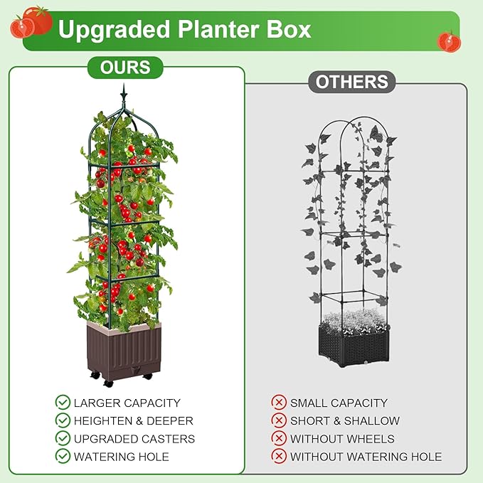 Raised Garden Bed Planter Boxes with Trellis,1pcs 70.9"Self-Watering Tomato Planter Boxes with Trellis for Climbing Vegetables Plants Flowers Tomato with Wheels,Use for Indoor Outdoor (Brown)