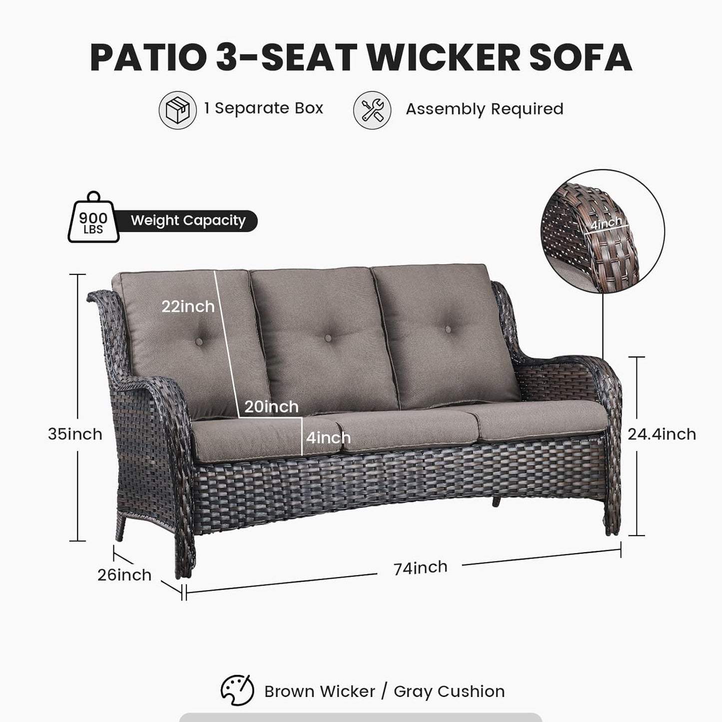 Outdoor Furniture 3-Seater Rattan Sofa Patio Wicker Sofa Couch Furniture Set with Washable 4” Grey Cushions