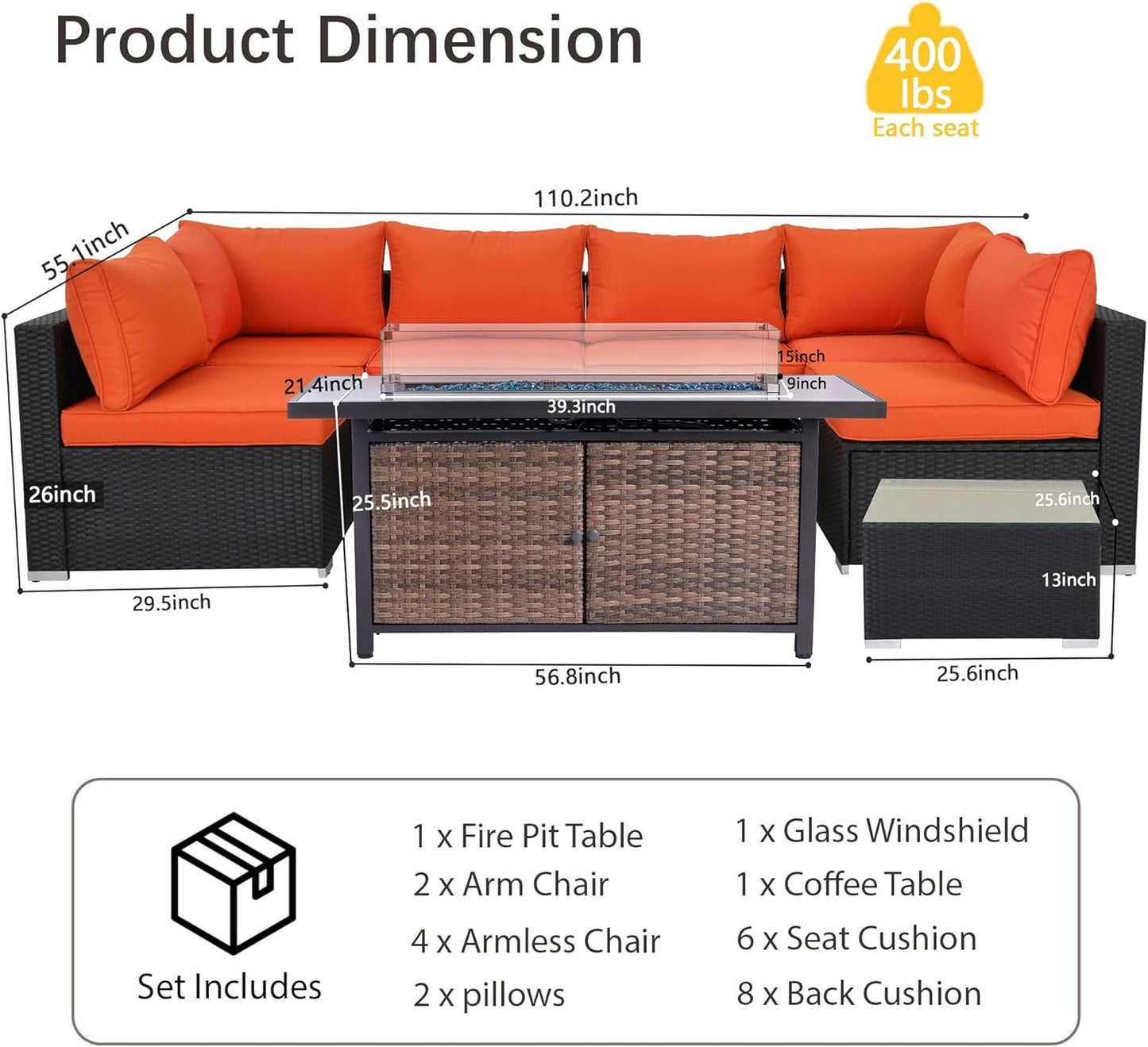 25-Pc Patio Furniture Set - 7 Piece Outdoor Rattan Sofa Set with 57" Fire Table and 17 Accessories, Modular Sofa Set for Garden/Poolside, Orange/Black
