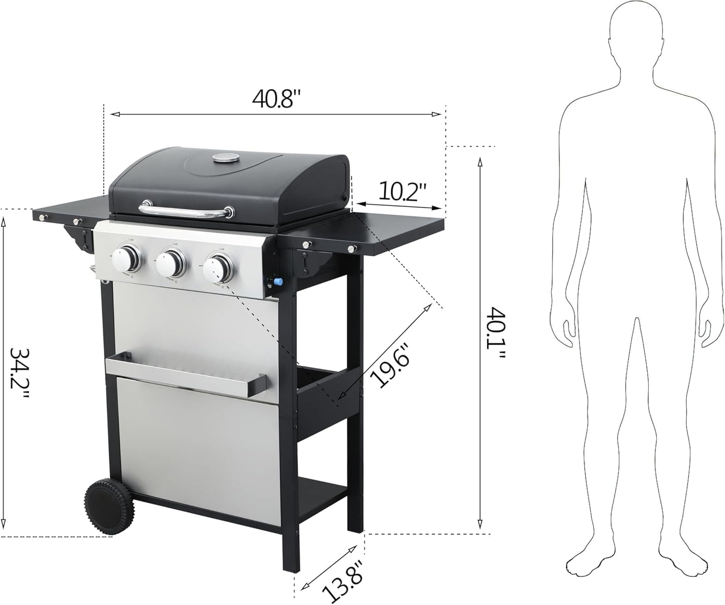 3-Burner Propane Gas Grill, 25,650 BTU Outdoor BBQ Grill with Stainless Steel Warming Rack, Enameled Cooking Grids, Built-in Thermometer & Foldable Side Tables - Portable Design with 6" Wheels