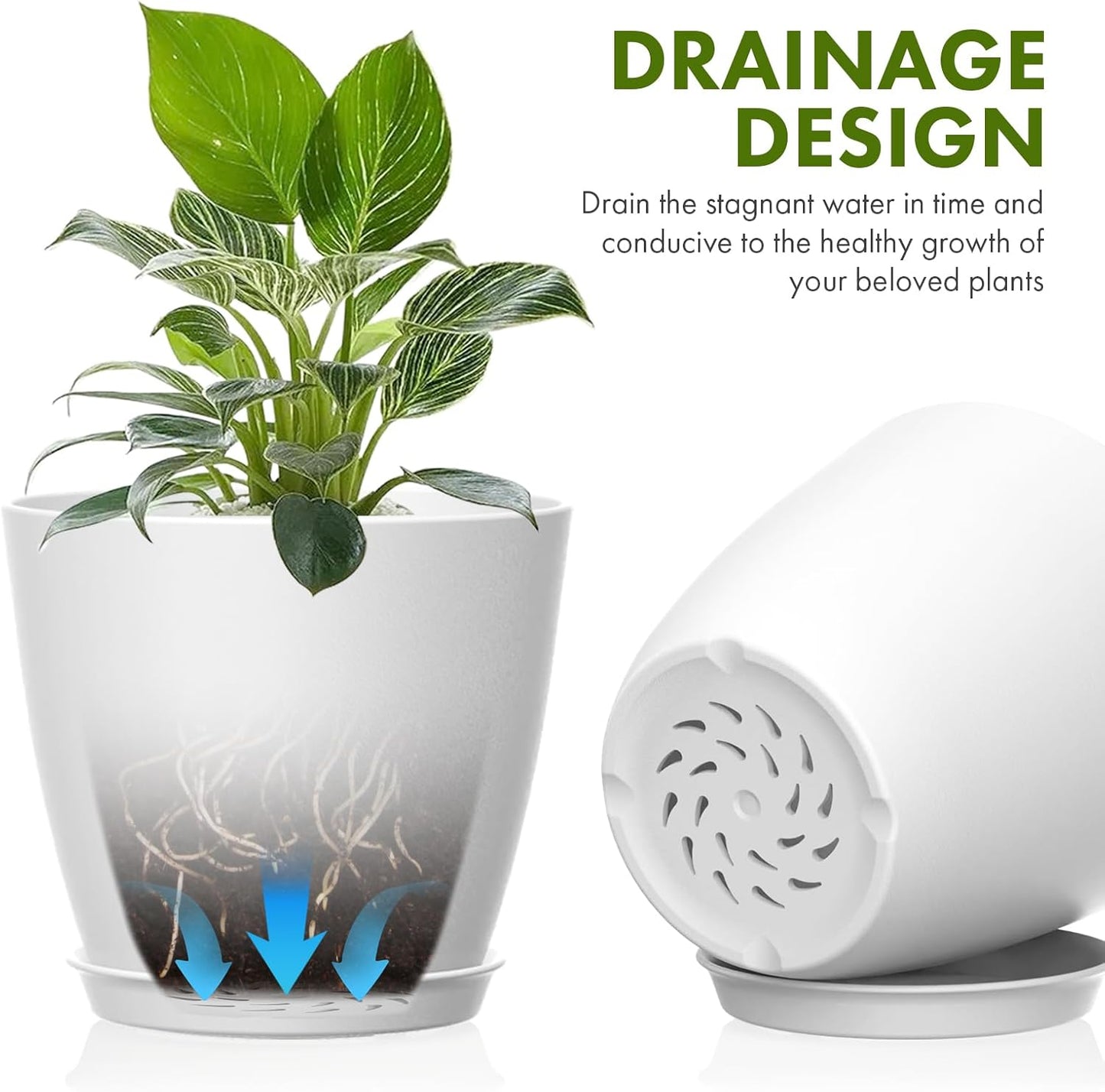 8 Pack 4 Inch Plant Pots with Drainage Holes and Saucers, Pots for Plant Indoor, Plastic Planters for Succulents and Small Plants, White