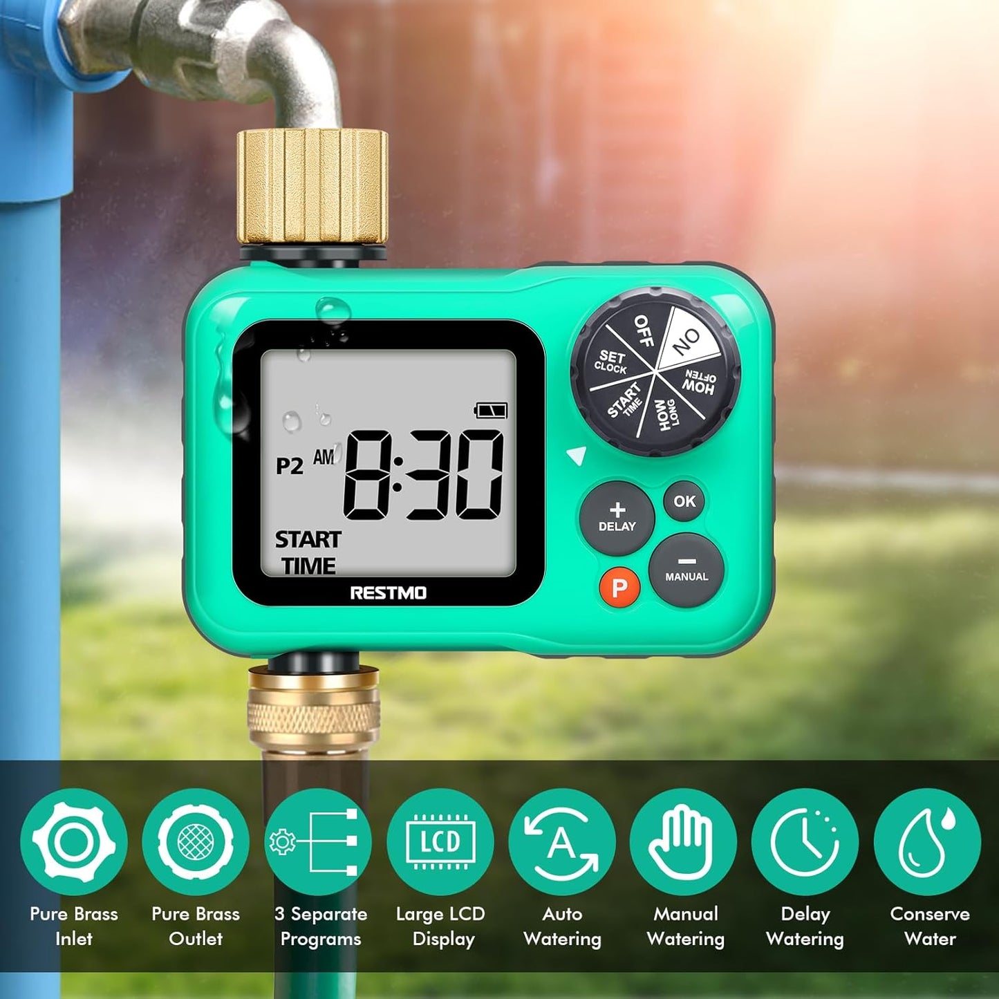 RESTMO Sprinkler Timer with Brass Inlet & Outlet, 3 Separate Programs Hose Timer, Programmable Water Timer for Garden Hose, Manual | Rain Delay | Automatic Watering System for Drip Irrigation and Lawn