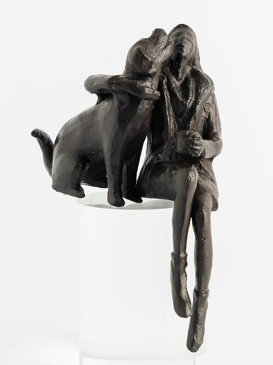 Cast Iron Sitting Woman and Dog Statue, Love Figurine, Gifts for Dog Lovers, Memorial Gifts for Women and Girls, Black