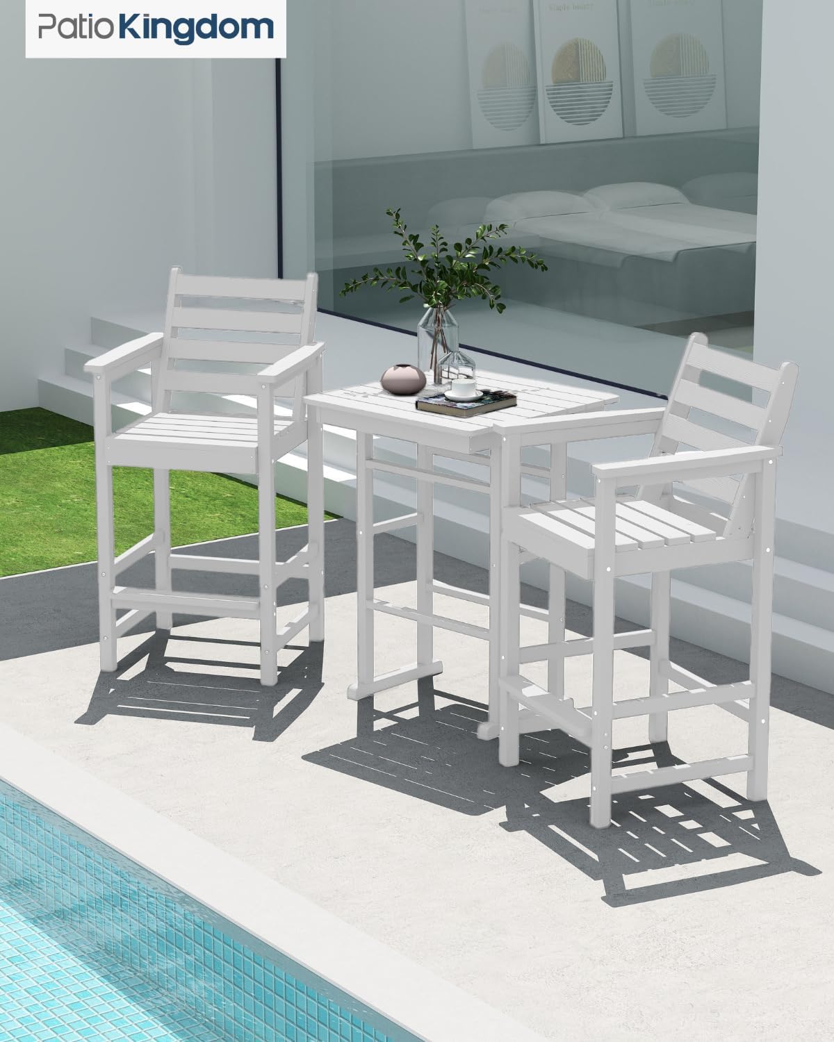 3-Piece Outdoor Bar Set with Beige 9FT Patio Umbrella, HDPE Tall Balcony Adirondack Chairs and Table, All-Weather Outdoor Bar Stools for Patio (White)