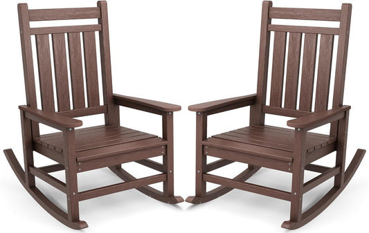 SERWALL Oversized Outdoor Rocking Chair Set of 2, HDPE Rocker for Adults, Patio Rocking Chairs for Porch, Brown