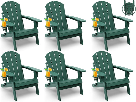 GREENVINES Folding-Adirondack-Chairs-Set-of-6 | HDPE Plastic | Fire Pit Chair | All Weather | Cup Holder | Forest | for Deck Backyard Patio Outdoor Garden