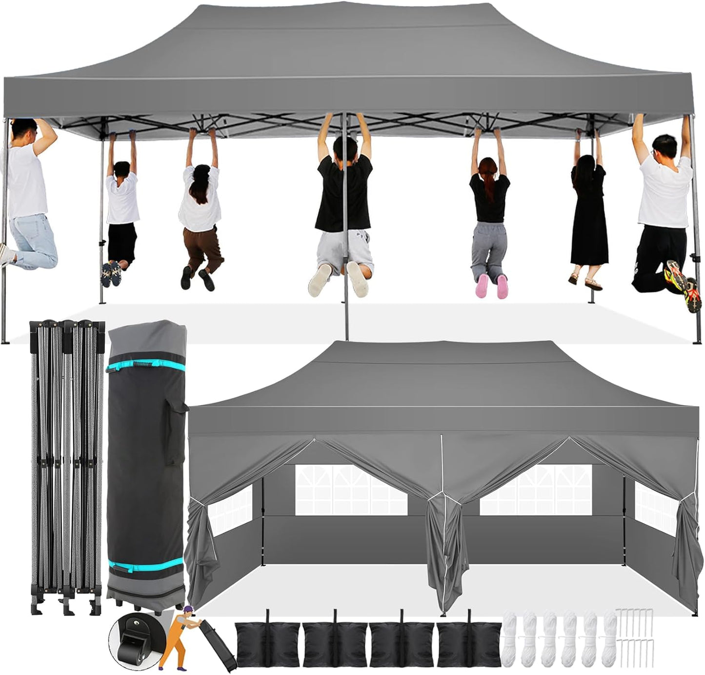 COBIZI 10x20 Pop Up Canopy with 6 Sidewall,Heavy Duty Canopy UPF 50+ All Season Wind Waterproof Commercial Outdoor Wedding Party Tents for Parties Canopy Gazebo with Roller Bag(10 x 20 ft Gray)