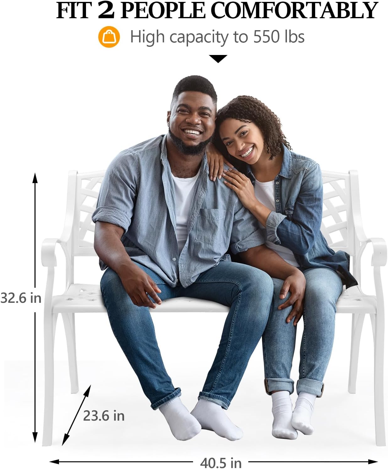 VINGLI 40.5" Patio Garden Bench,Anti- Rust Cast Iron Cast Aluminum Frame for Outdoor Path Yard Lawn Work Entryway Decor Deck (White)