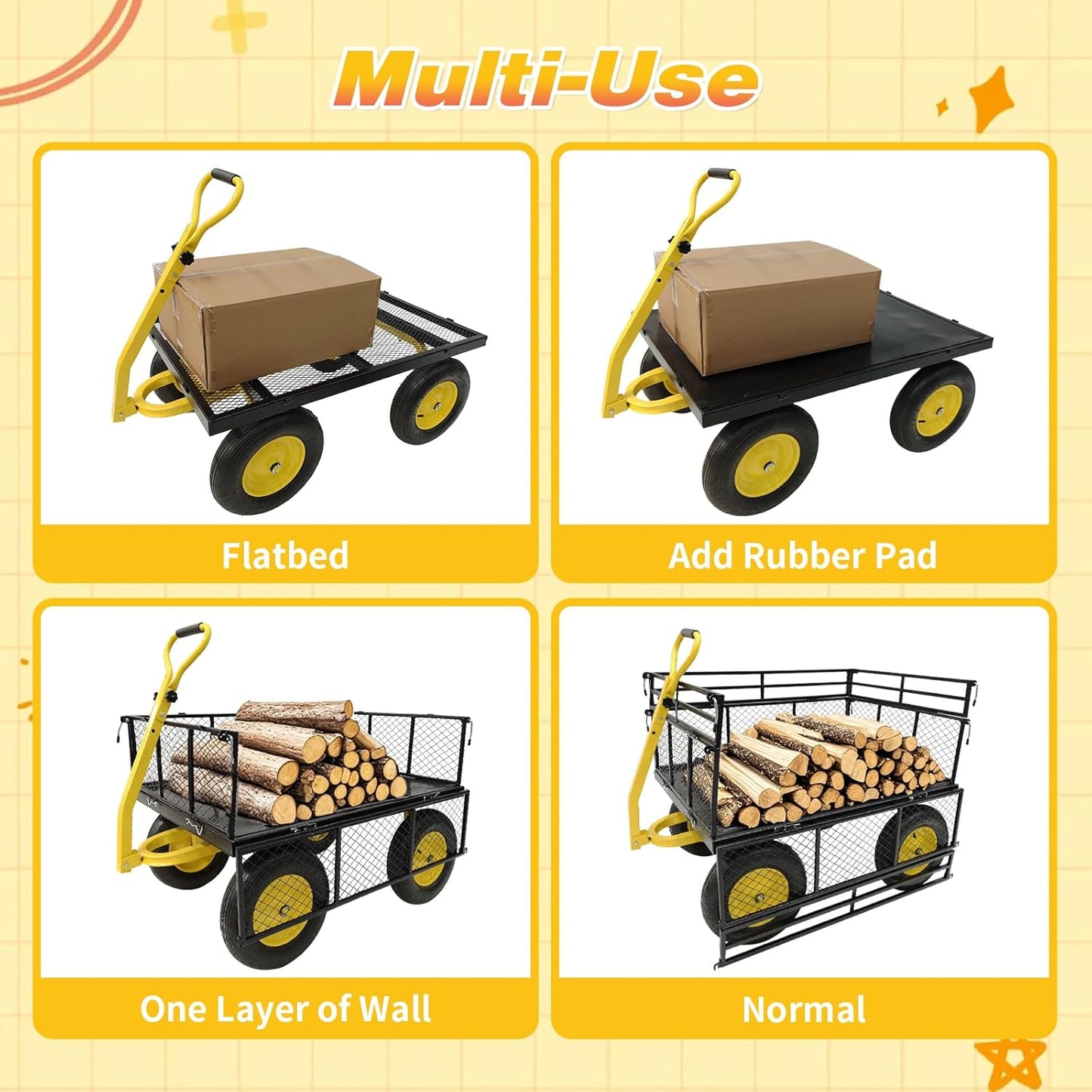 Steel Garden Cart On Wheels, 1400 Lbs Capacity, 2-in-1 Handle and 16 in Tires, Heavy Duty Wagon Cart with Removable Mesh Sides to Convert Into Flatbed