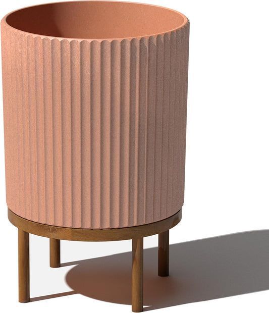 Veradek Demi Series Round Planter w/Stand for Porch/Patio | Durable Plastic-Stone Composite & Wooden Stand | Modern Décor for Tall Plants, Flowers