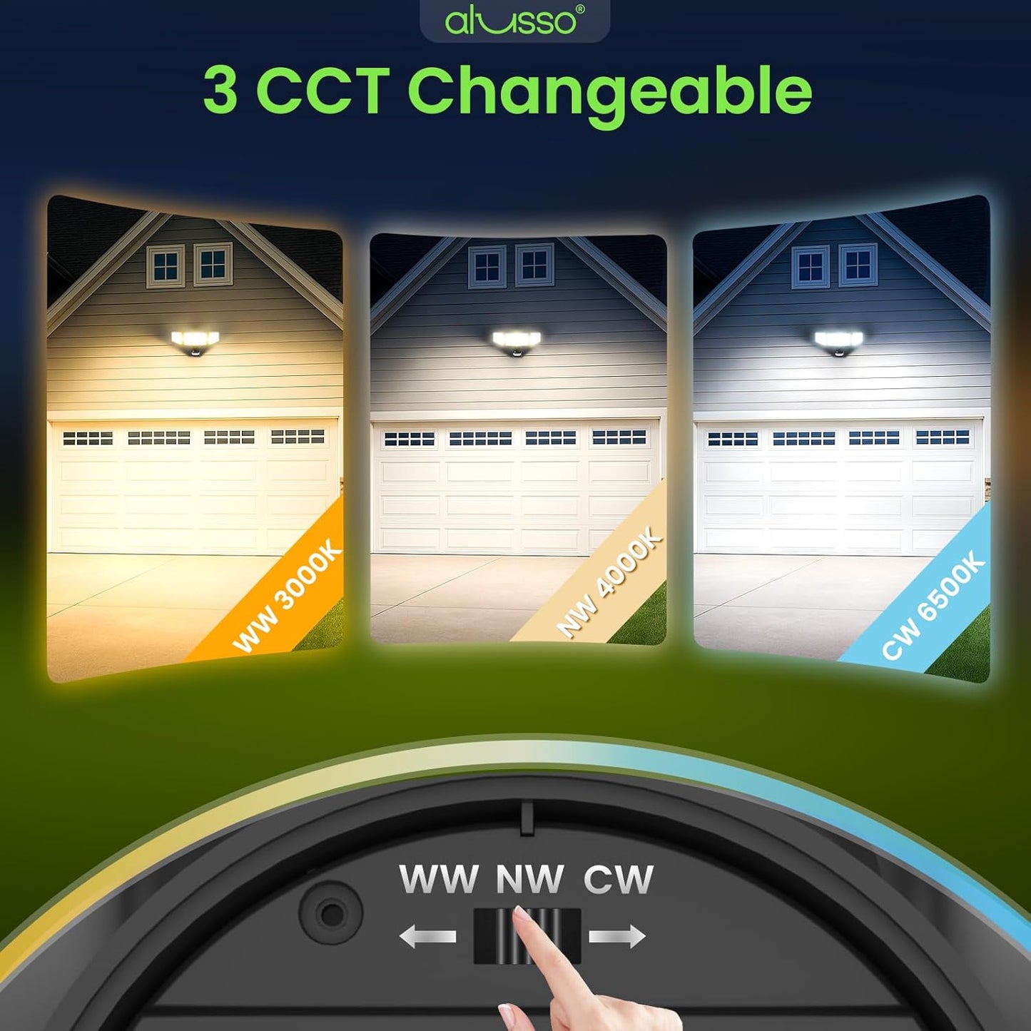 ALUSSO® LED Security Lights Motion Sensor, 60W 6000LM 3 Modes Flood Lights Outdoor Motion Sensor, 3CCT 3 Heads Outdoor Security Light Wet Location Use for House Garage Yard Walkway Black